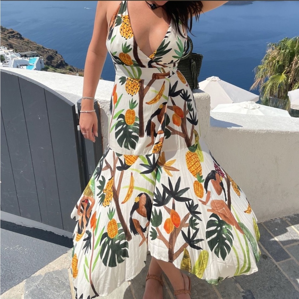 FARM RIO Tropical Print Halter Wrap Midi Dress.
